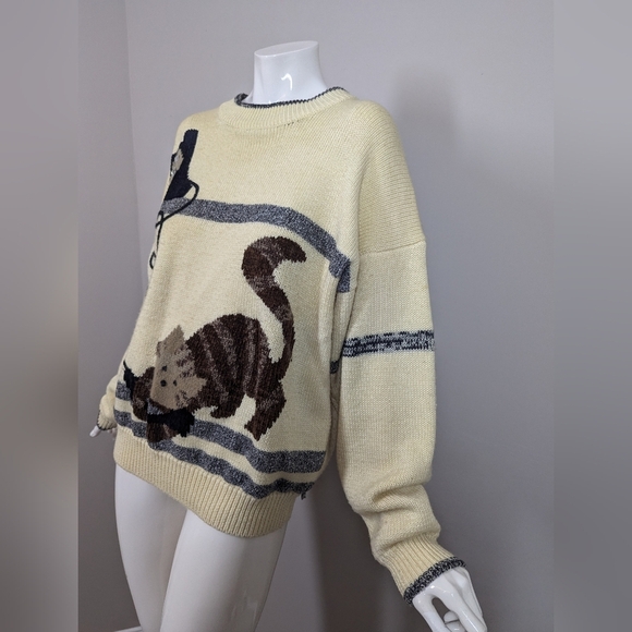 Vintage René Derhy Cat Sweater M Cream Wool Blend Knit 80s 90s France Novelty Ki - Picture 7 of 10